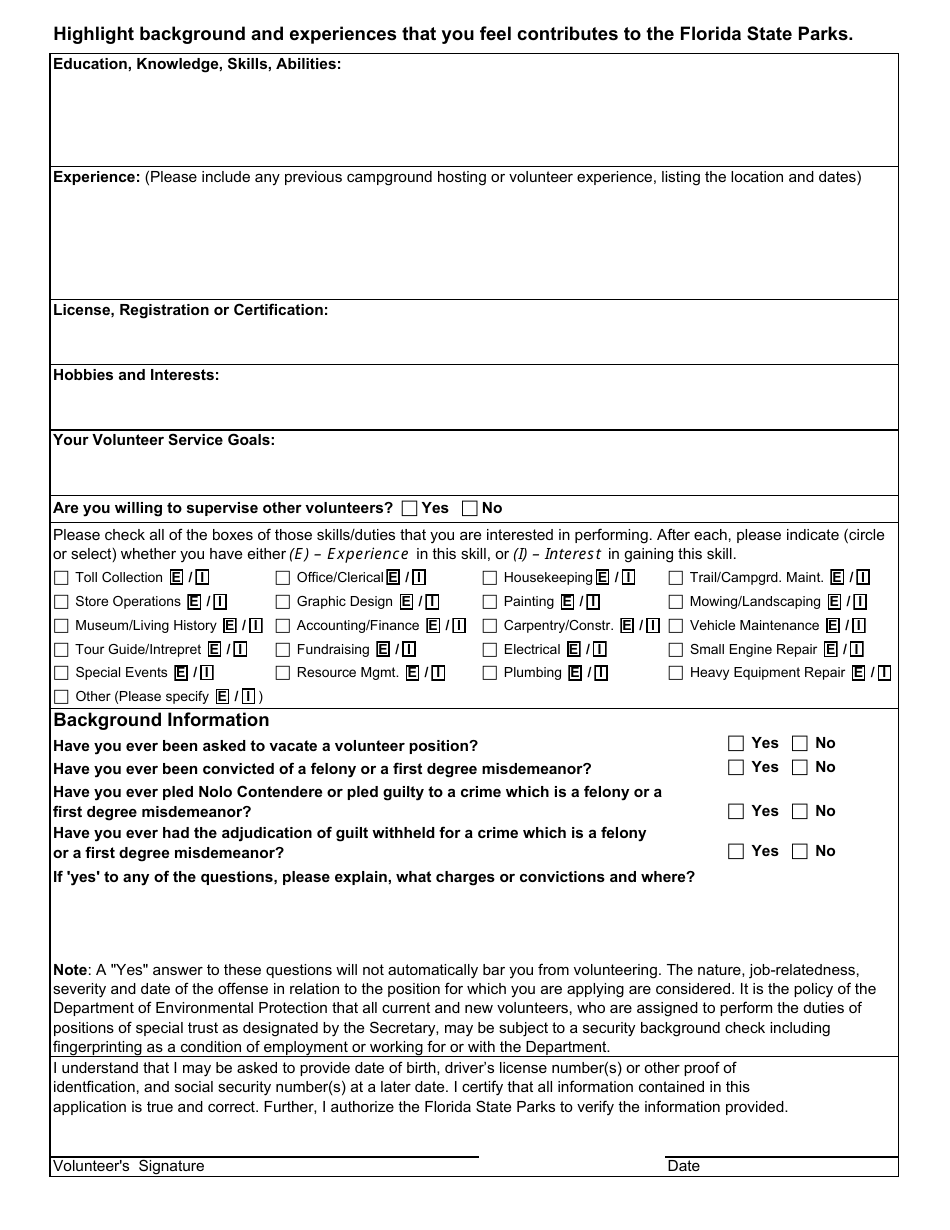 DEP Form FPS-A065 Volunteer Application - Florida Park Service - Florida, Page 2