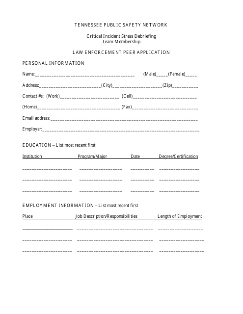 Law Enforcement Peer Application Form - Tennessee Public Safety Network - Tennessee Download Pdf