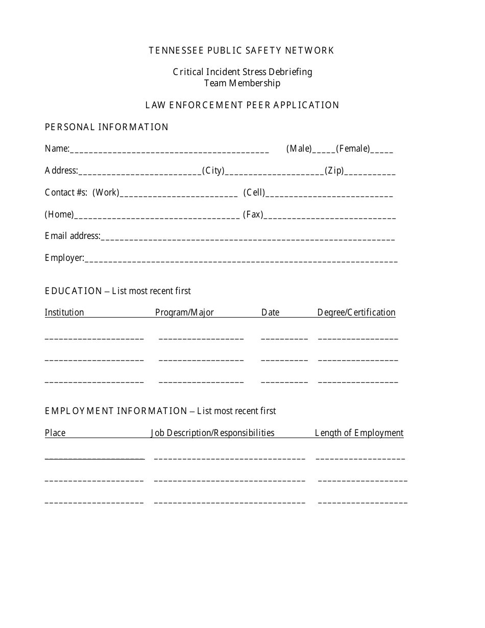 Law Enforcement Peer Application Form - Tennessee Public Safety Network - Tennessee, Page 1
