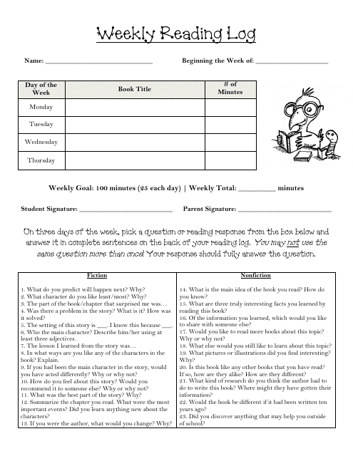 Weekly Reading Log Worksheet Preview