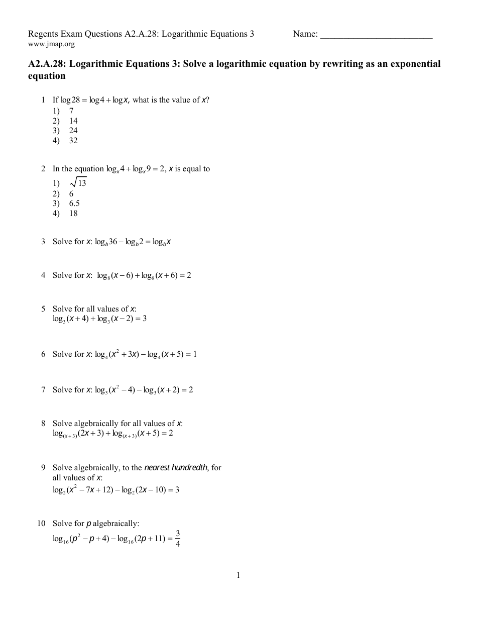Logarithmic Equations Worksheet With Answers Download Printable Throughout Logarithm Worksheet With Answers