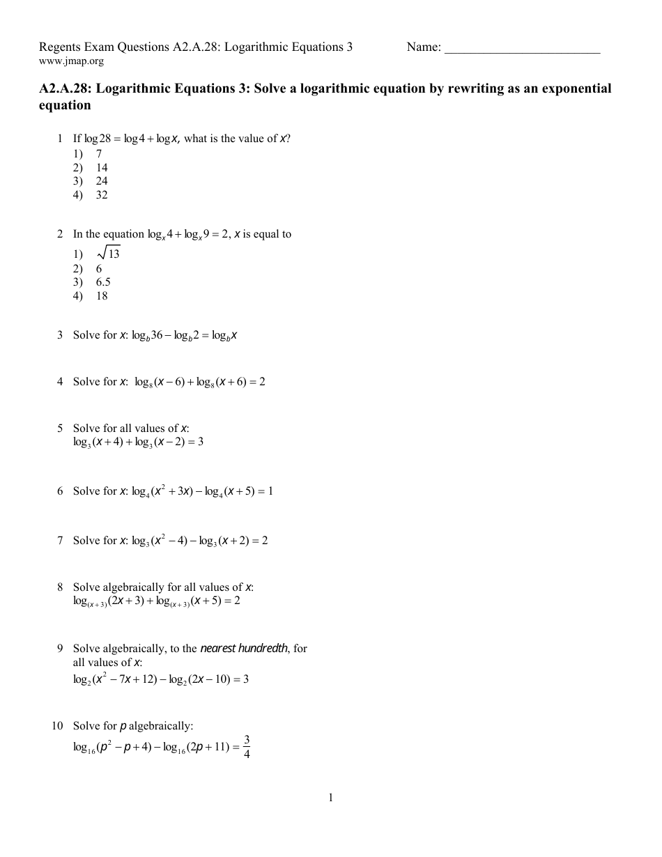 Logarithmic Equations Worksheet With Answers Download Printable Pertaining To Solving Logarithmic Equations Worksheet