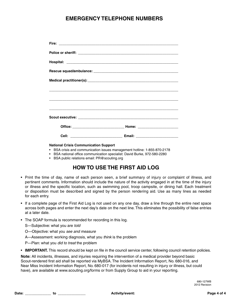 First Aid Log - Boy Scouts of America, Page 4