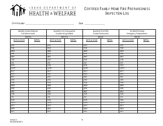 Document preview: Certified Family Home Fire Preparedness Inspection Log - Idaho