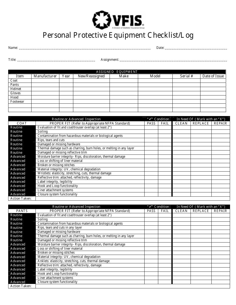 Personal Protective Equipment Checklist Log Vfis Print Big 
