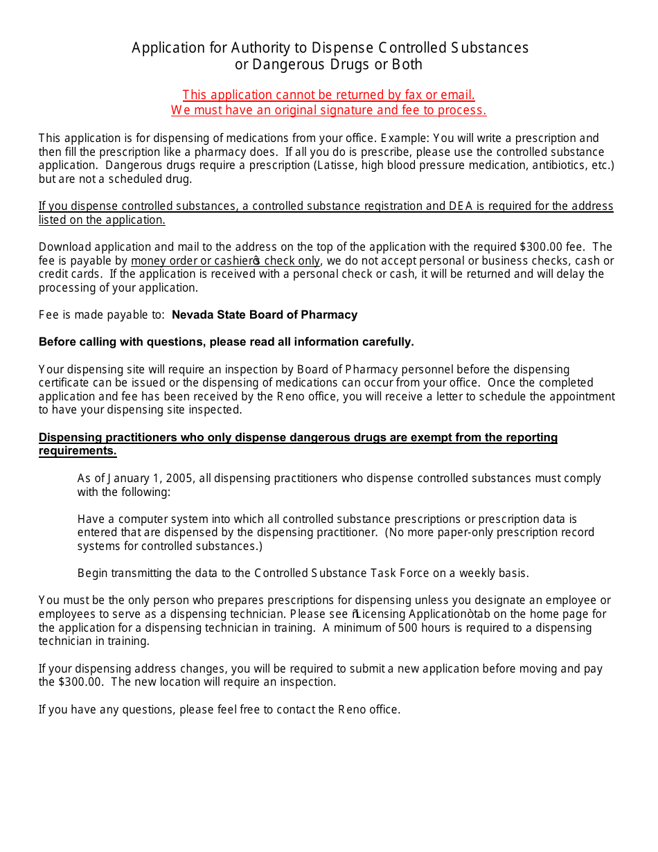 Application for Authority to Dispense Controlled Substances or Dangerous Drugs or Both - Nevada, Page 1