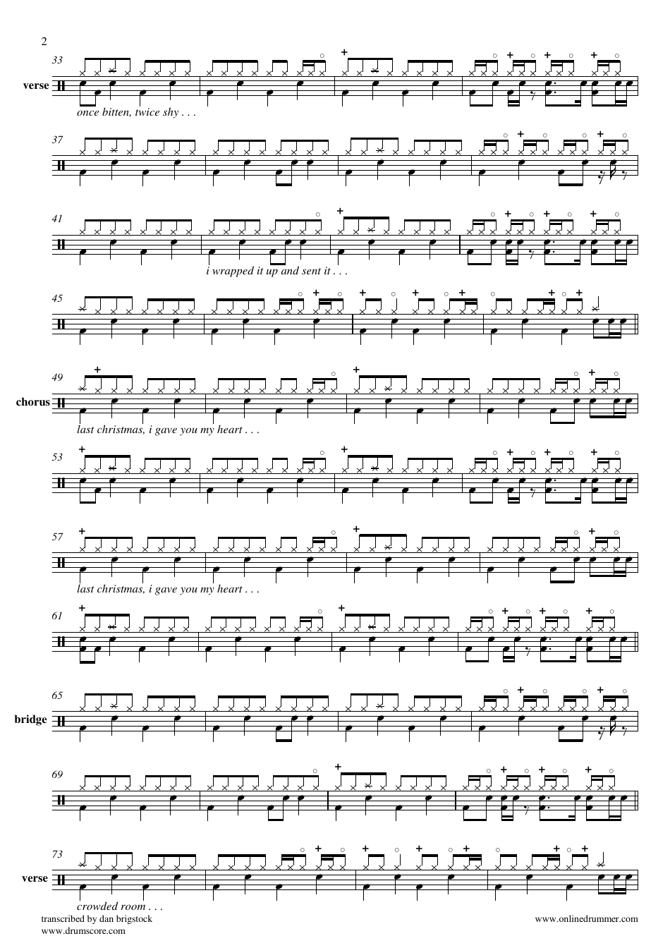 Wham - Last Christmas Drum Sheet Music, Page 2