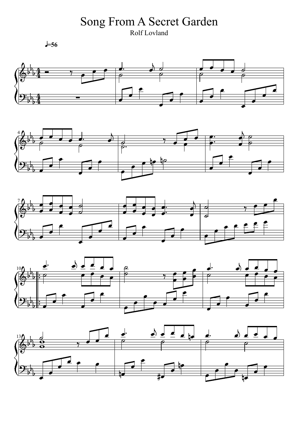 Rolf Lovland - Song From a Secret Garden Piano Sheet Music (Key of C Minor) Image Preview