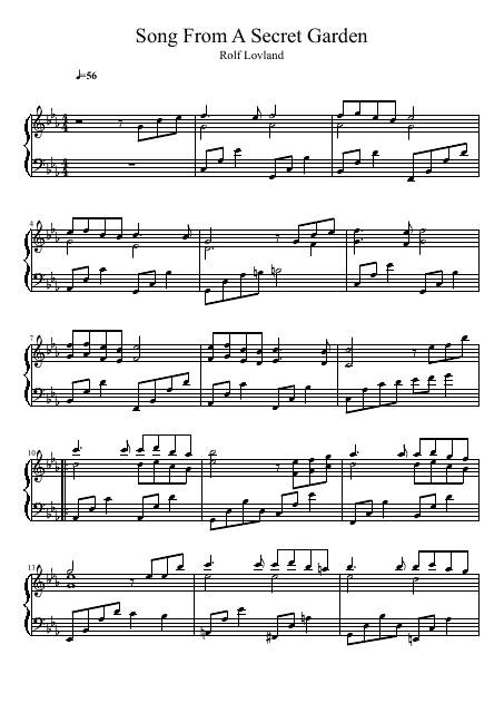 Rolf Lovland - Song From a Secret Garden Piano Sheet Music (Key of C Minor) Image Preview