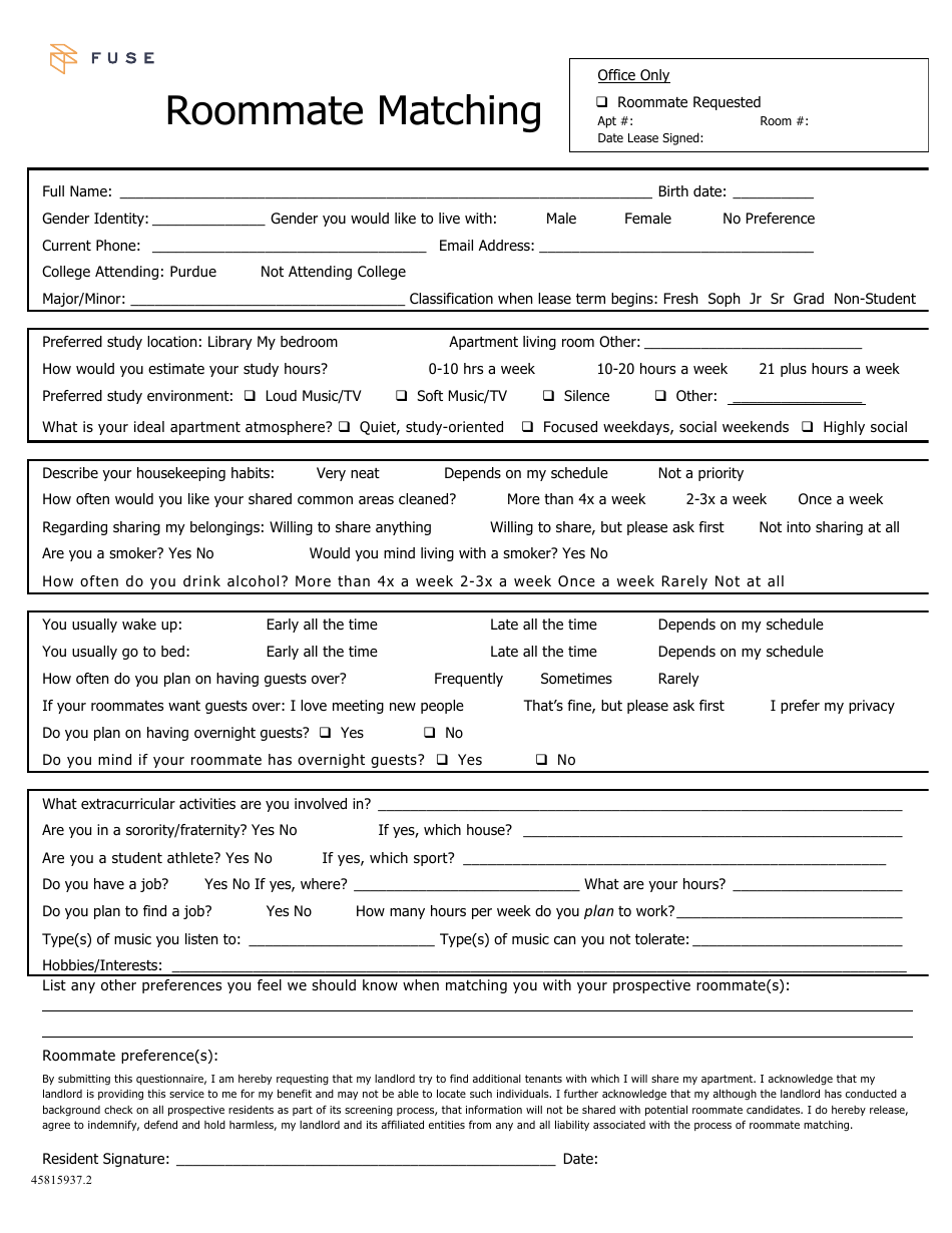Roommate Matching Template Fuse Download Printable PDF Templateroller