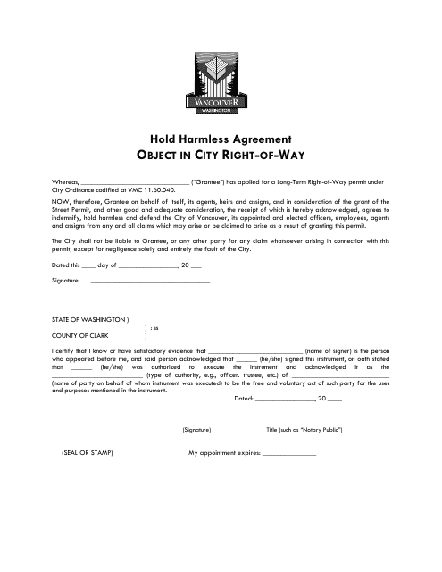 Hold Harmless Agreement Template for Object in City Right-Of-Way - City of Vancouver, Washington Download Pdf
