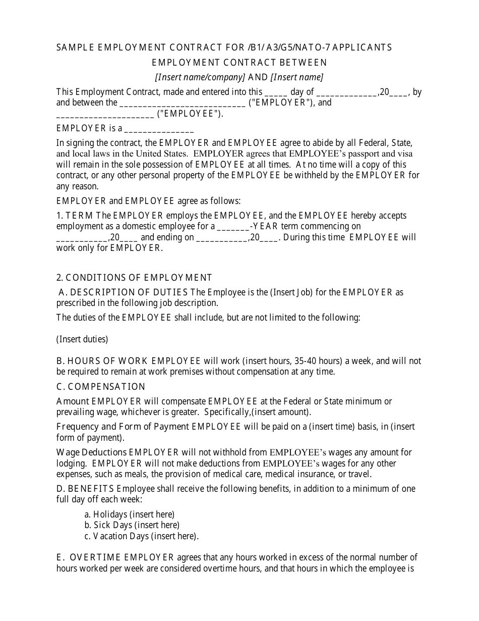 Sample Employment Contract Template for / B1 / A3 / G5 / NATO-7 Applicants, Page 1