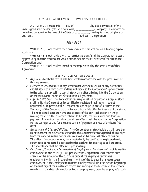 Stockholder Buy-Sell Agreement Template Download Pdf