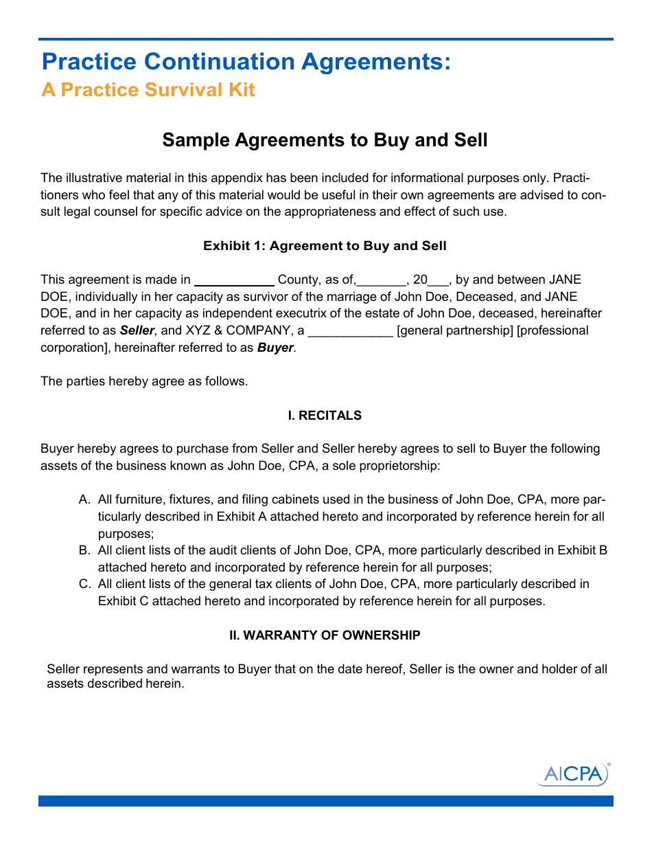 Sample Buy and Sell Agreement Template - Aicpa, Page 1
