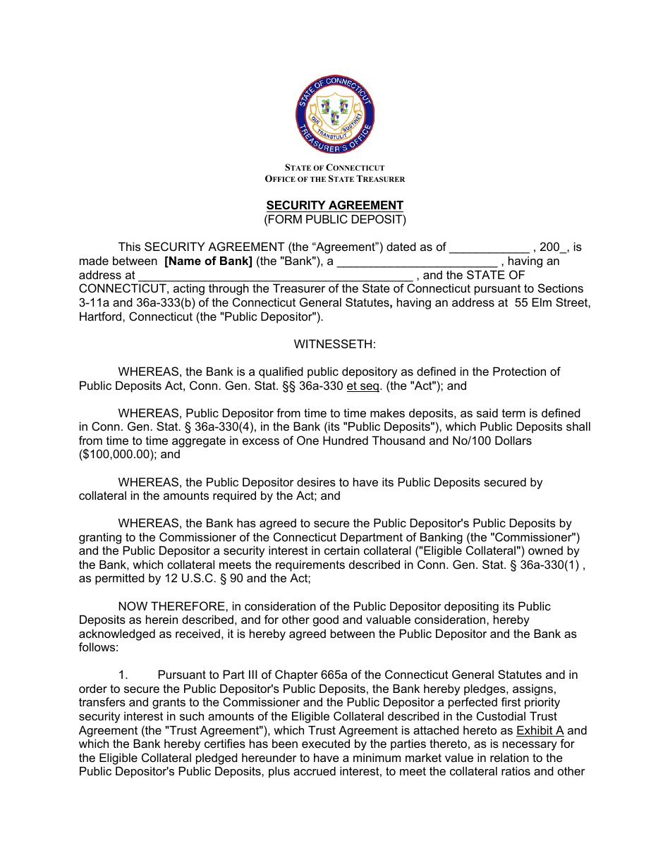 Security Agreement (Form Public Deposit) - Connecticut, Page 1