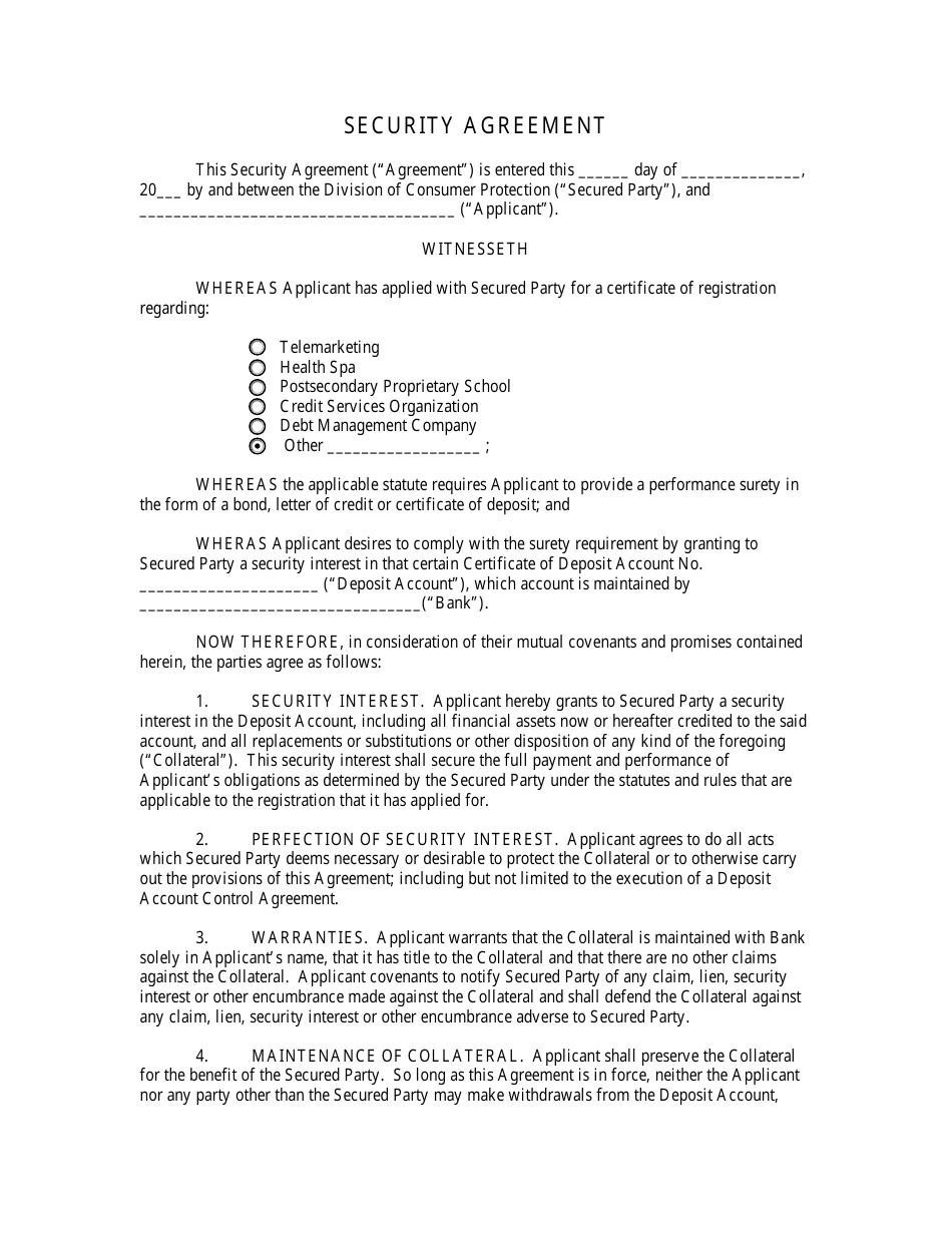 Security Agreement Form - Salt Lake City, Utah, Page 1