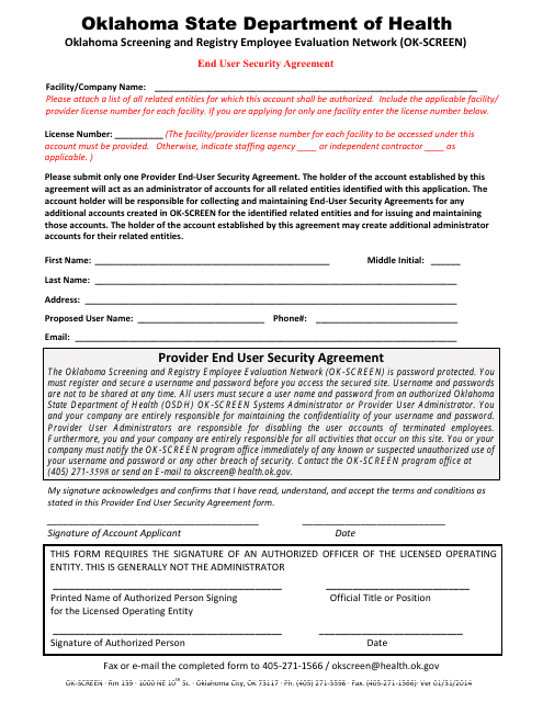 Ok-Screen End User Security Agreement Form - Oklahoma Download Pdf