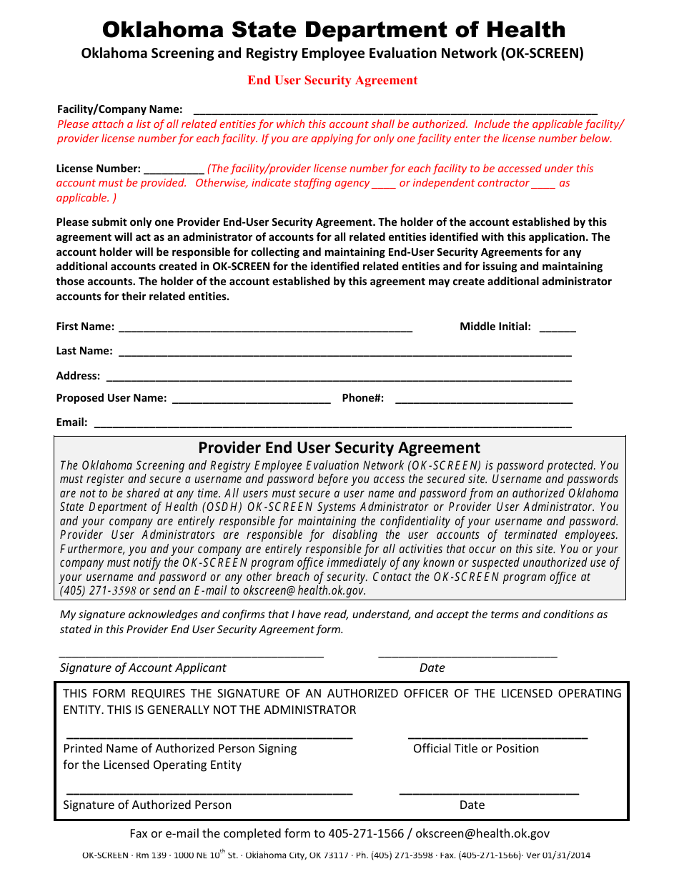 Ok-Screen End User Security Agreement Form - Oklahoma, Page 1