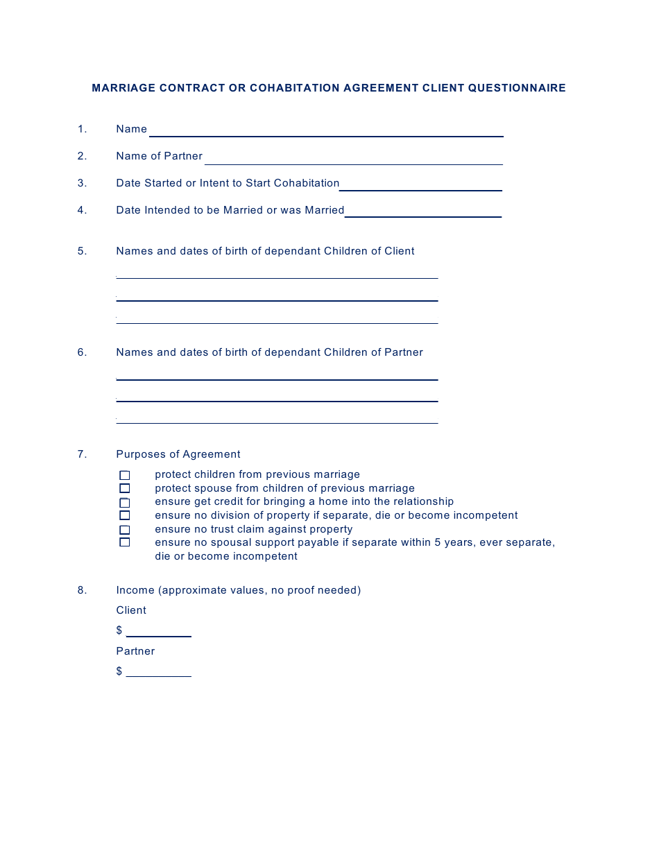 Marriage Contract or Cohabitation Agreement Client Questionnaire ...