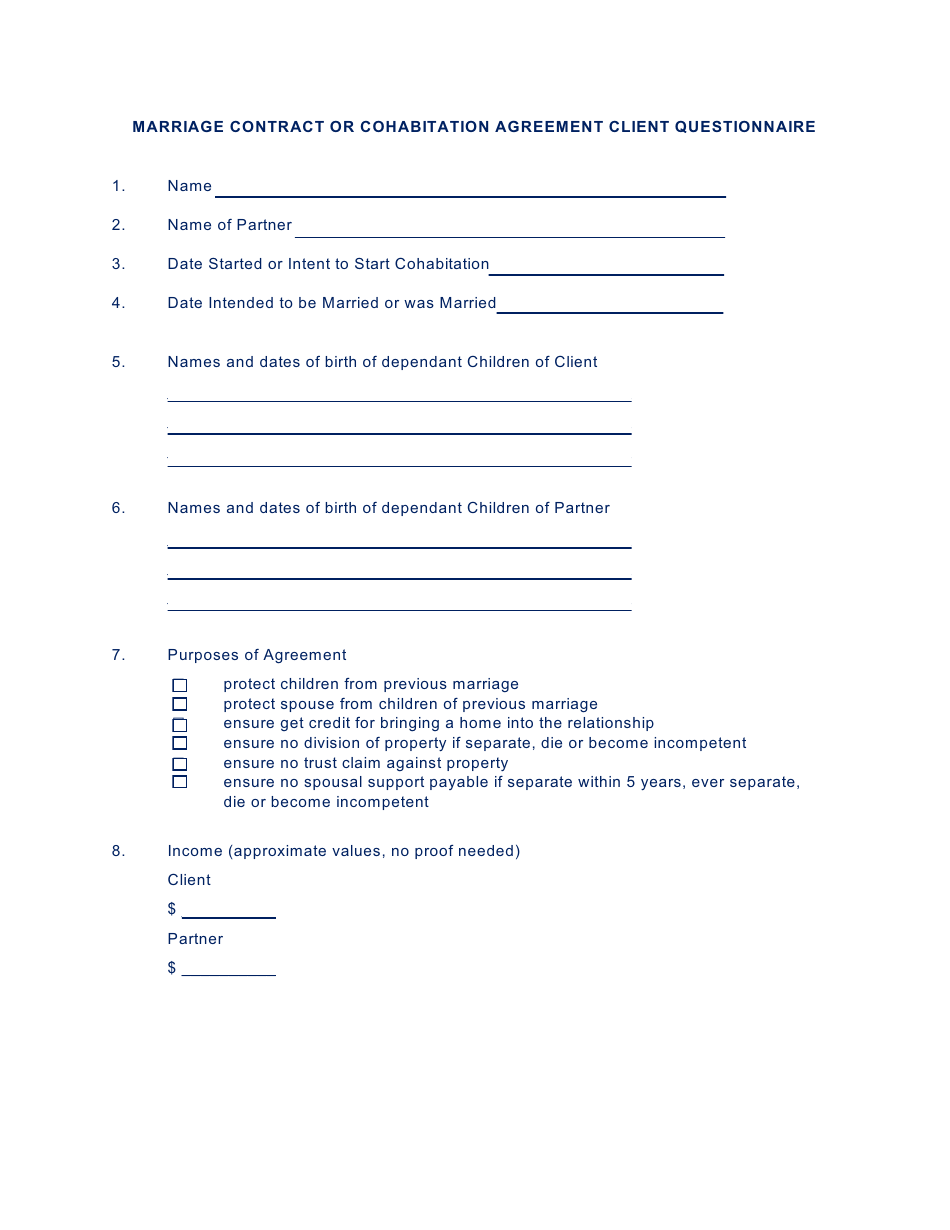 Marriage Contract or Cohabitation Agreement Client Questionnaire Template, Page 1