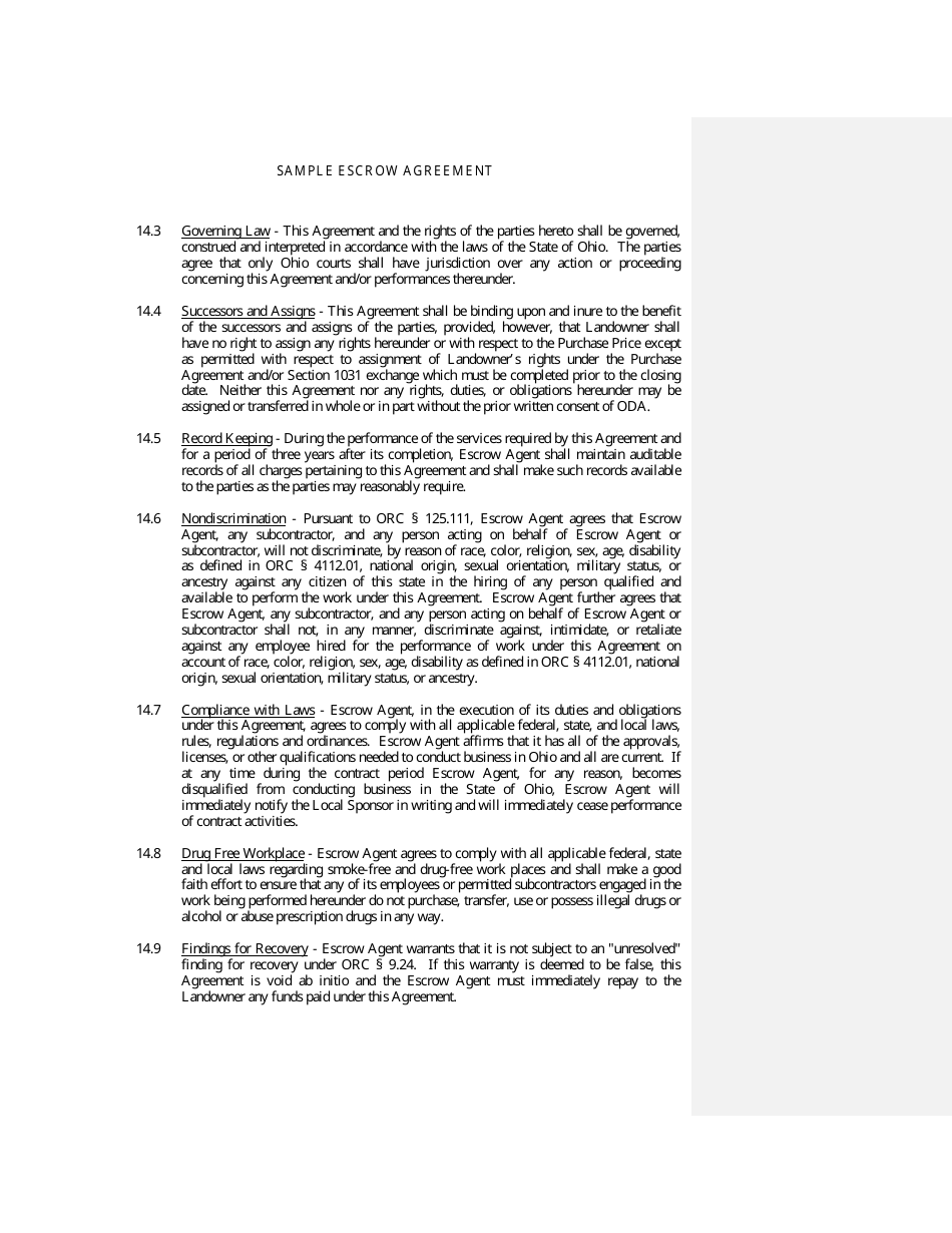 Sample Escrow Agreement - Ohio, Page 8