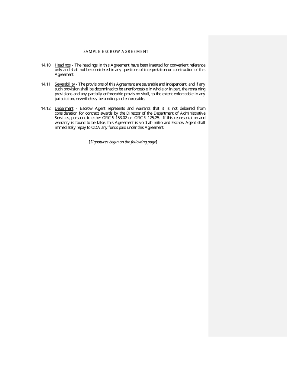 Sample Escrow Agreement - Ohio, Page 9