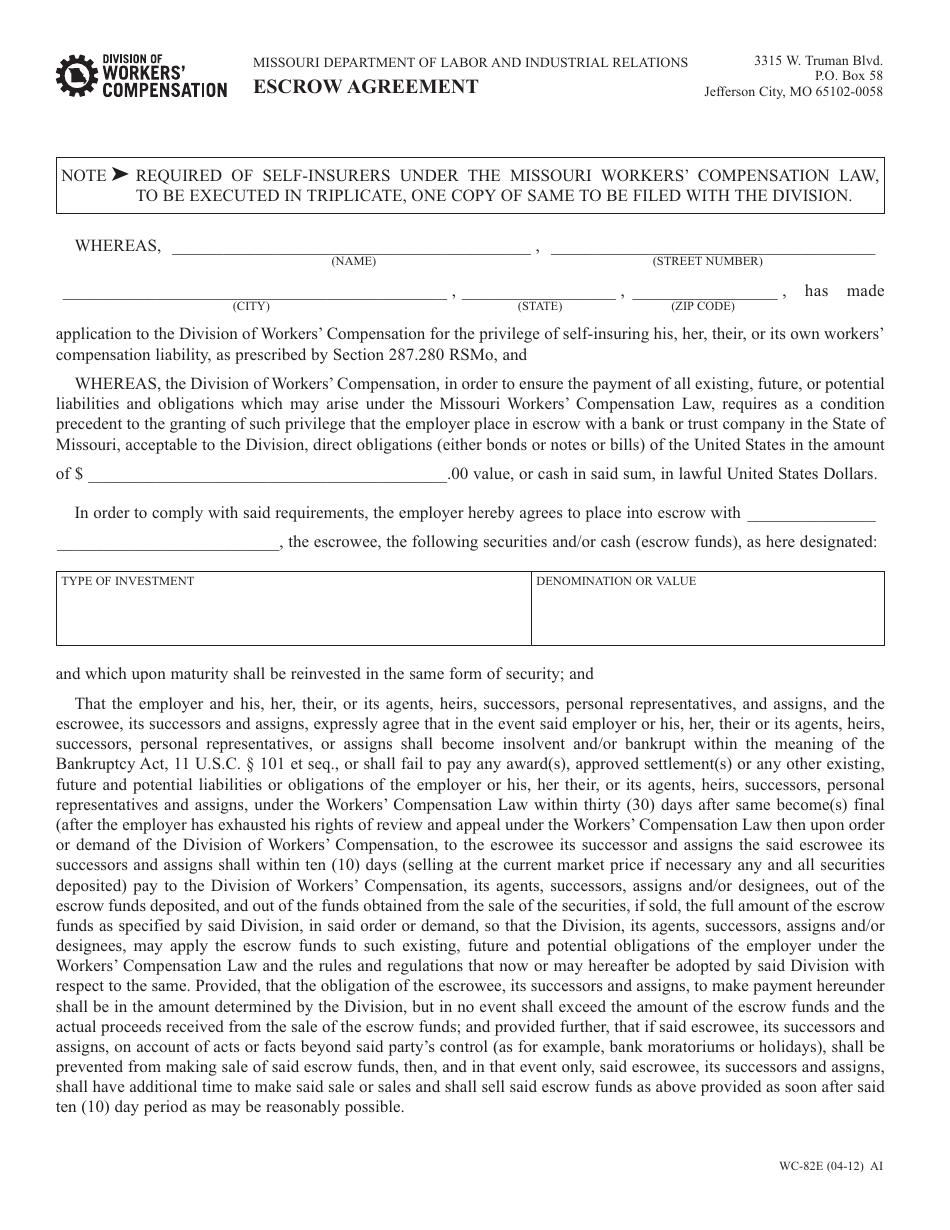 Form WC-82E Escrow Agreement - Missouri, Page 1