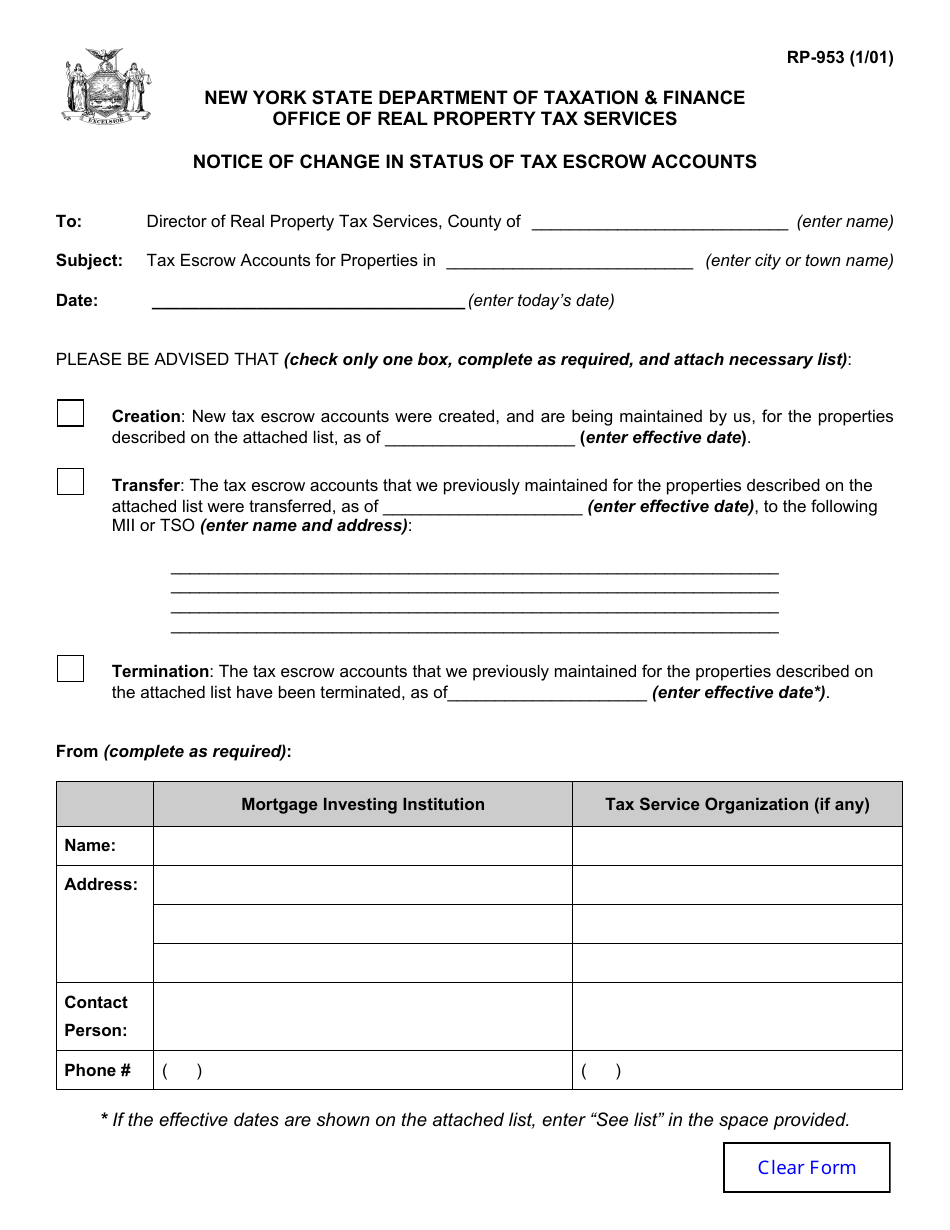 Form RP-953 Notice of Change in Status of Tax Escrow Accounts - New York, Page 1