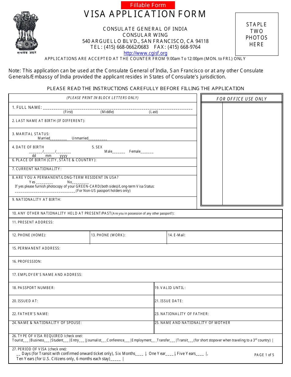 Indian Visa Application Form - Consulate General of India - San Francisco, California, Page 1