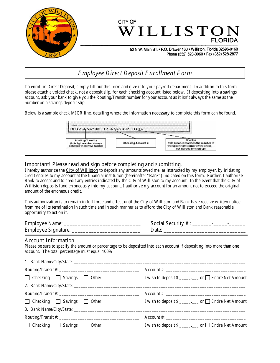 Employee Direct Deposit Enrollment Form - City of Williston, Florida, Page 1