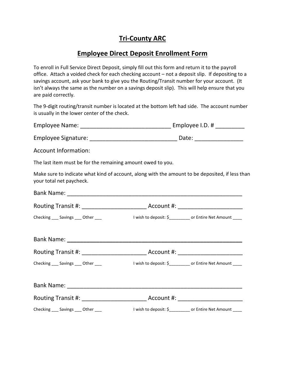 Employee Direct Deposit Enrollment Form - Tri-County Arc, Page 1