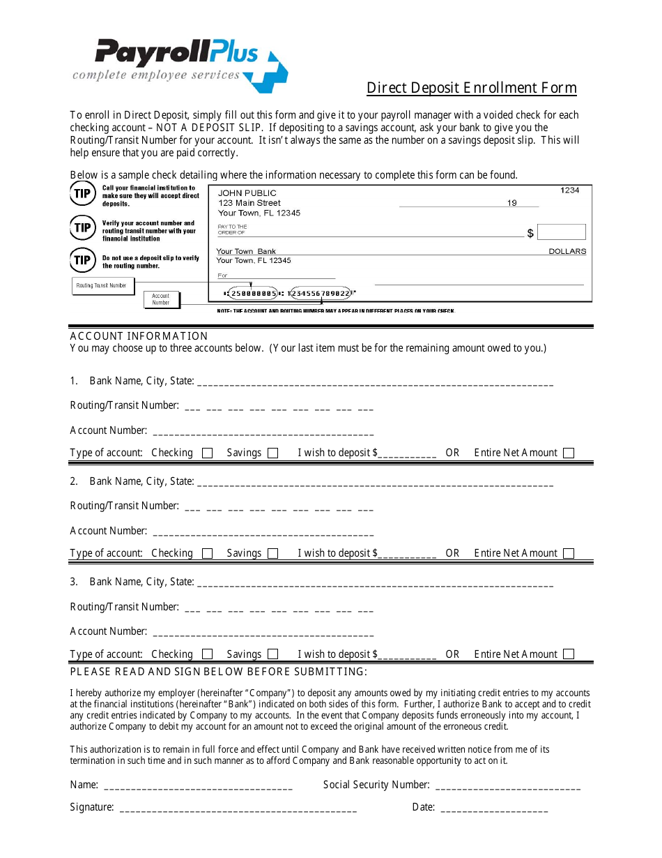 Direct Deposit Enrollment Form - Payroll Plus - Florida, Page 1
