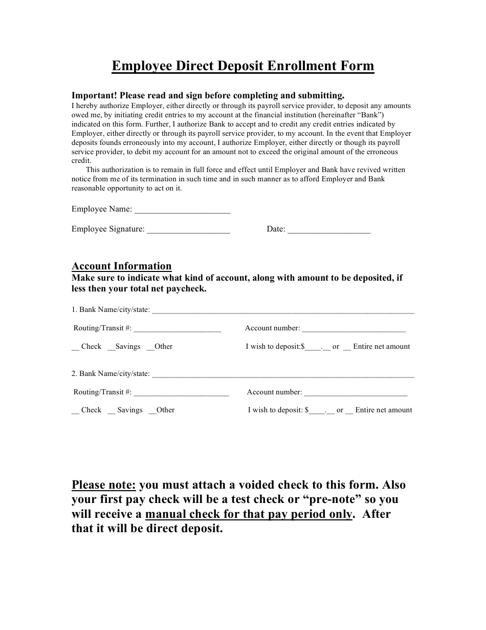 Employee Direct Deposit Enrollment Form, Page 1