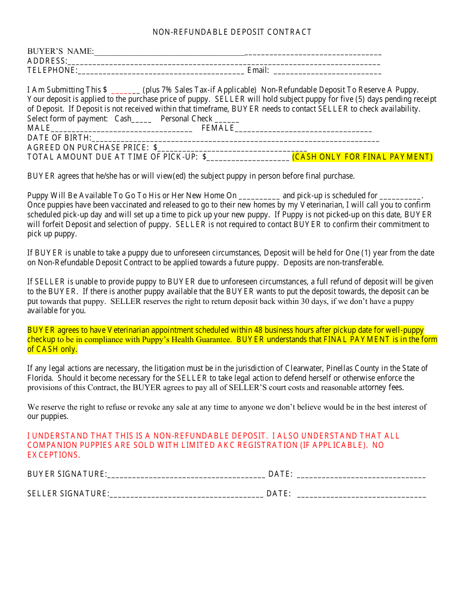 Pinellas County, Florida Non-refundable Puppy Deposit Contract Regarding non refundable deposit agreement template