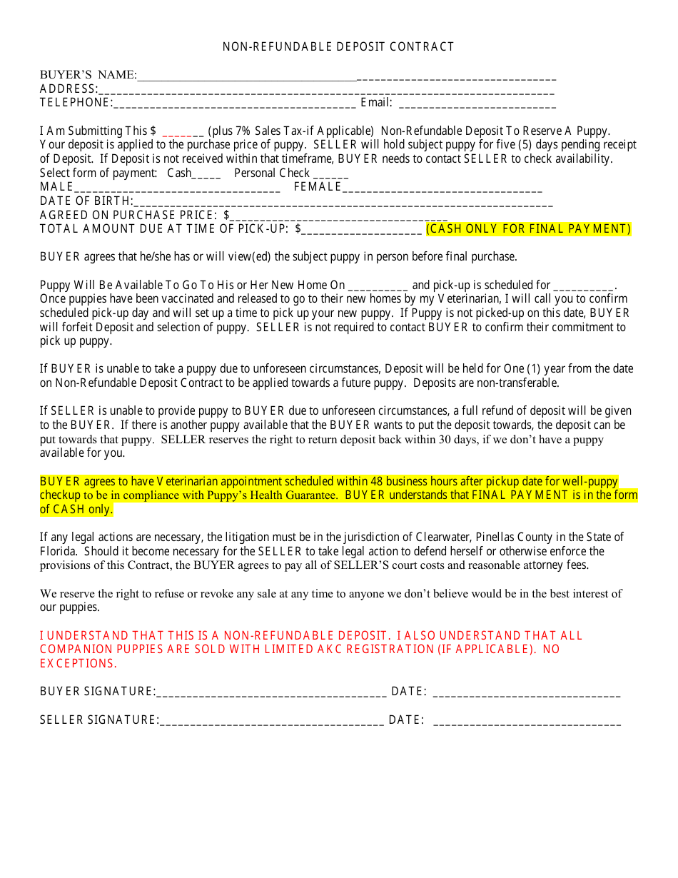 Pinellas County, Florida Nonrefundable Puppy Deposit Contract Template