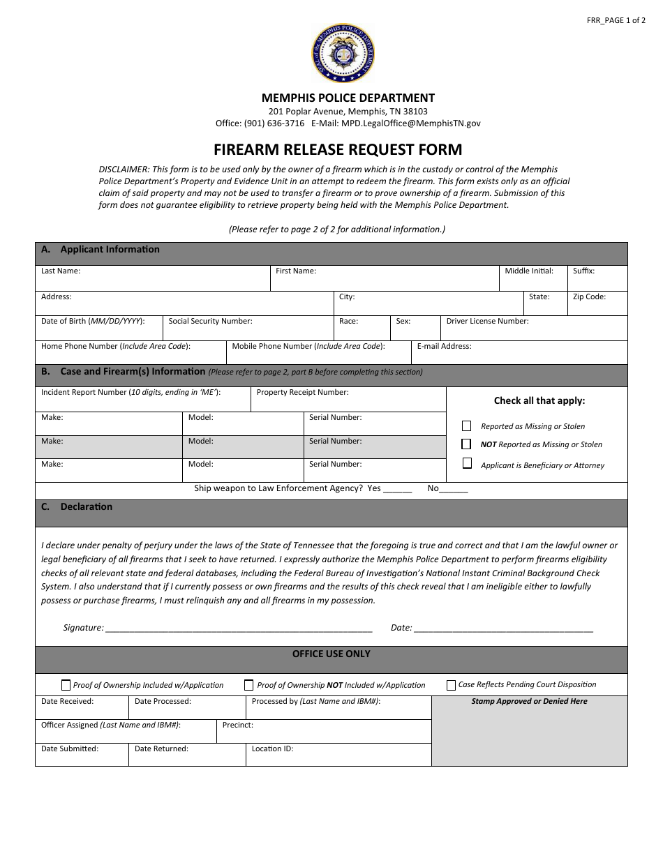 Firearm Release Request Form - City of Memphis, Tennessee, Page 1