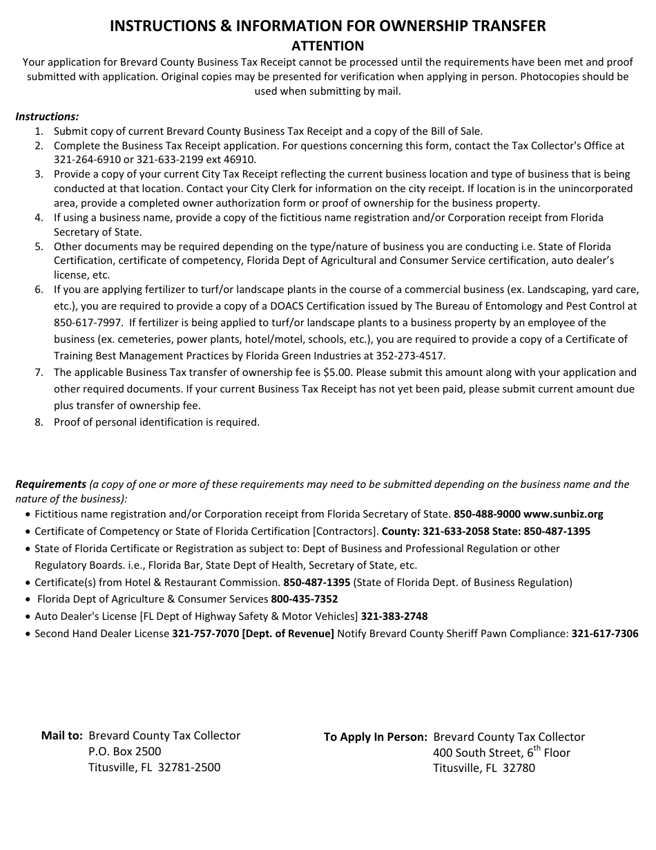 Application for Brevard County Business Tax Receipt - Brevard County, Florida, Page 1