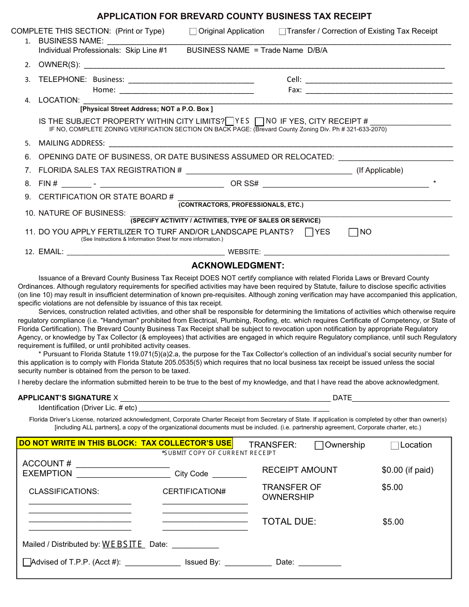 Application for Brevard County Business Tax Receipt - Brevard County, Florida, Page 2