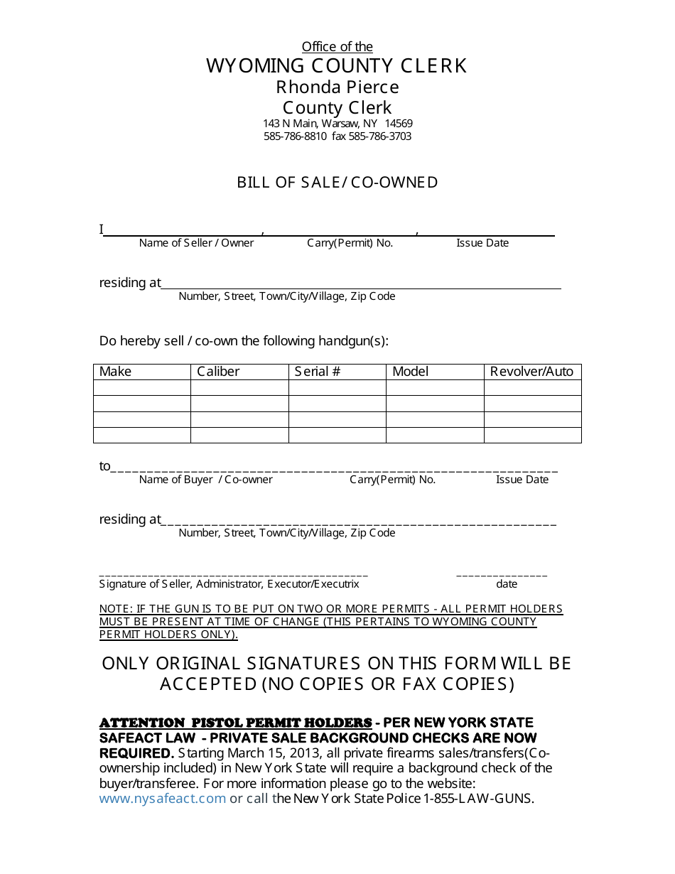 Handgun Bill of Sale / Co-owned - Wyoming County, New York, Page 1