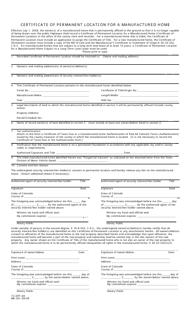 Form MH301 Certificate of Permanent Location for a Manufactured Home - Colorado