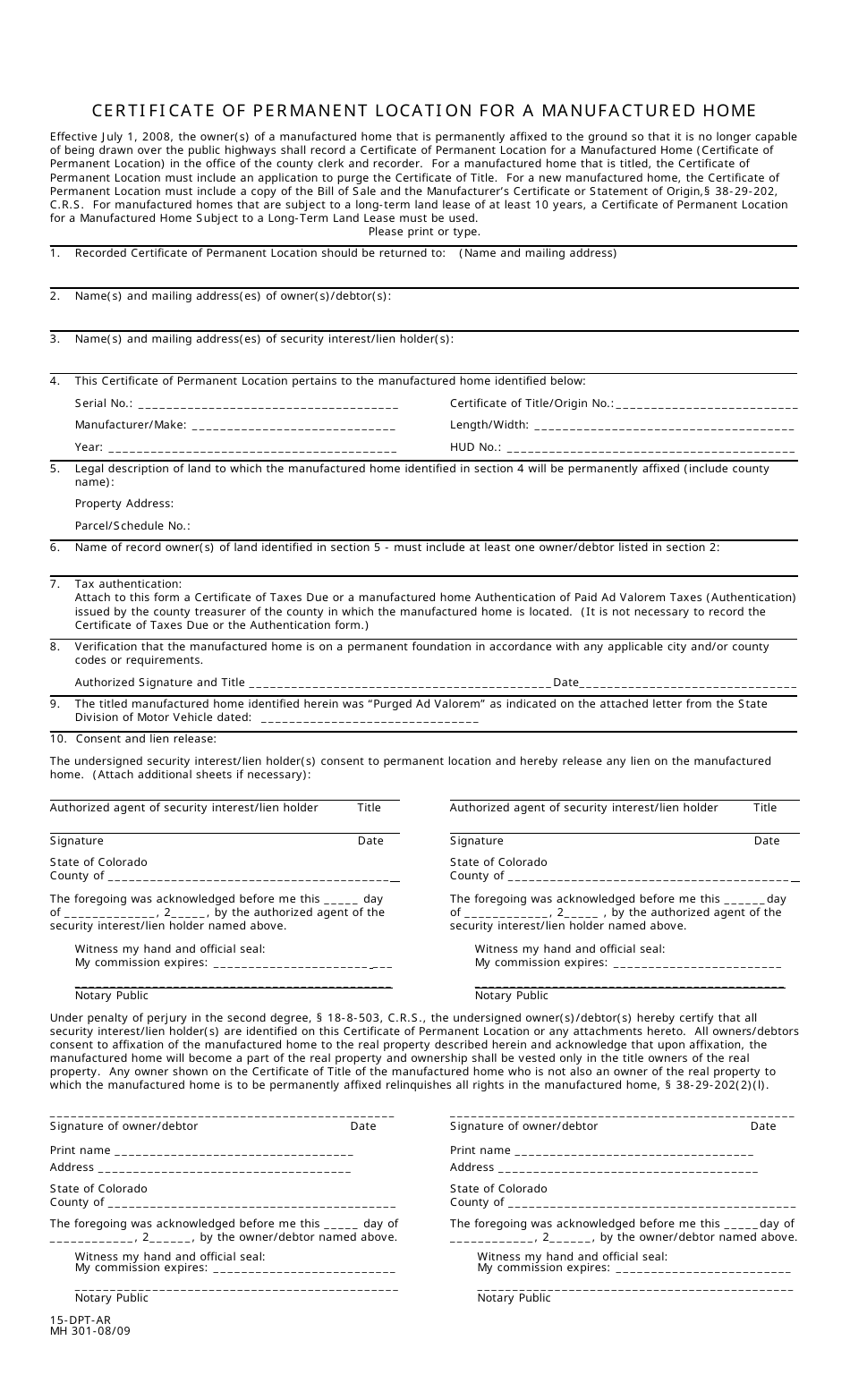 Form MH301 Certificate of Permanent Location for a Manufactured Home - Colorado, Page 1