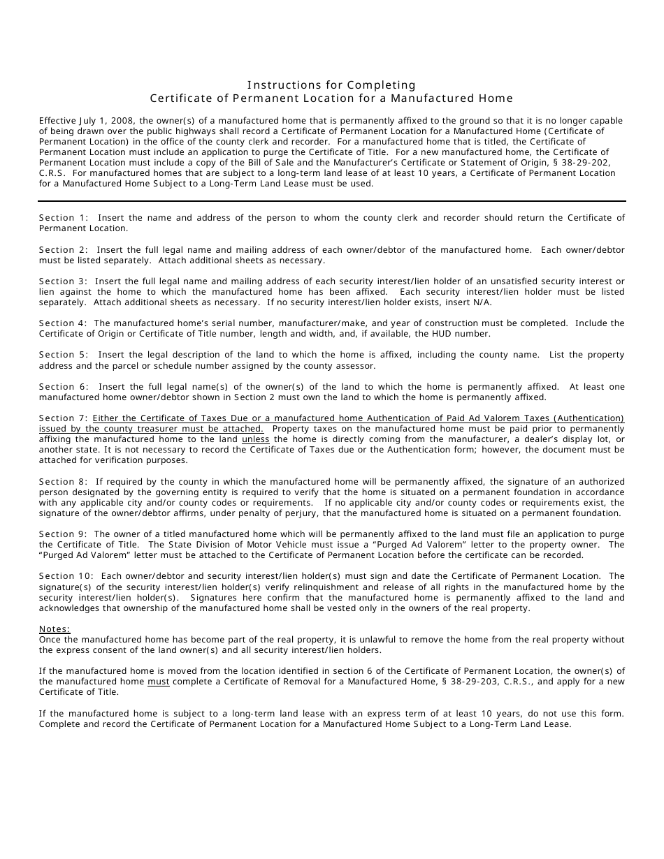 Form MH301 Certificate of Permanent Location for a Manufactured Home - Colorado, Page 2