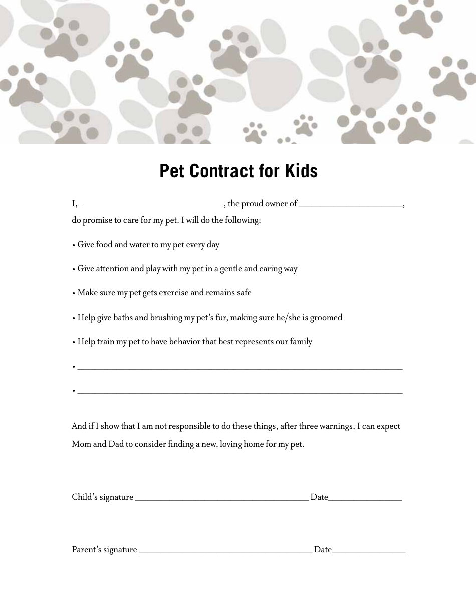 Pet Contract Template for Kids Fill Out Sign Online and Download PDF
