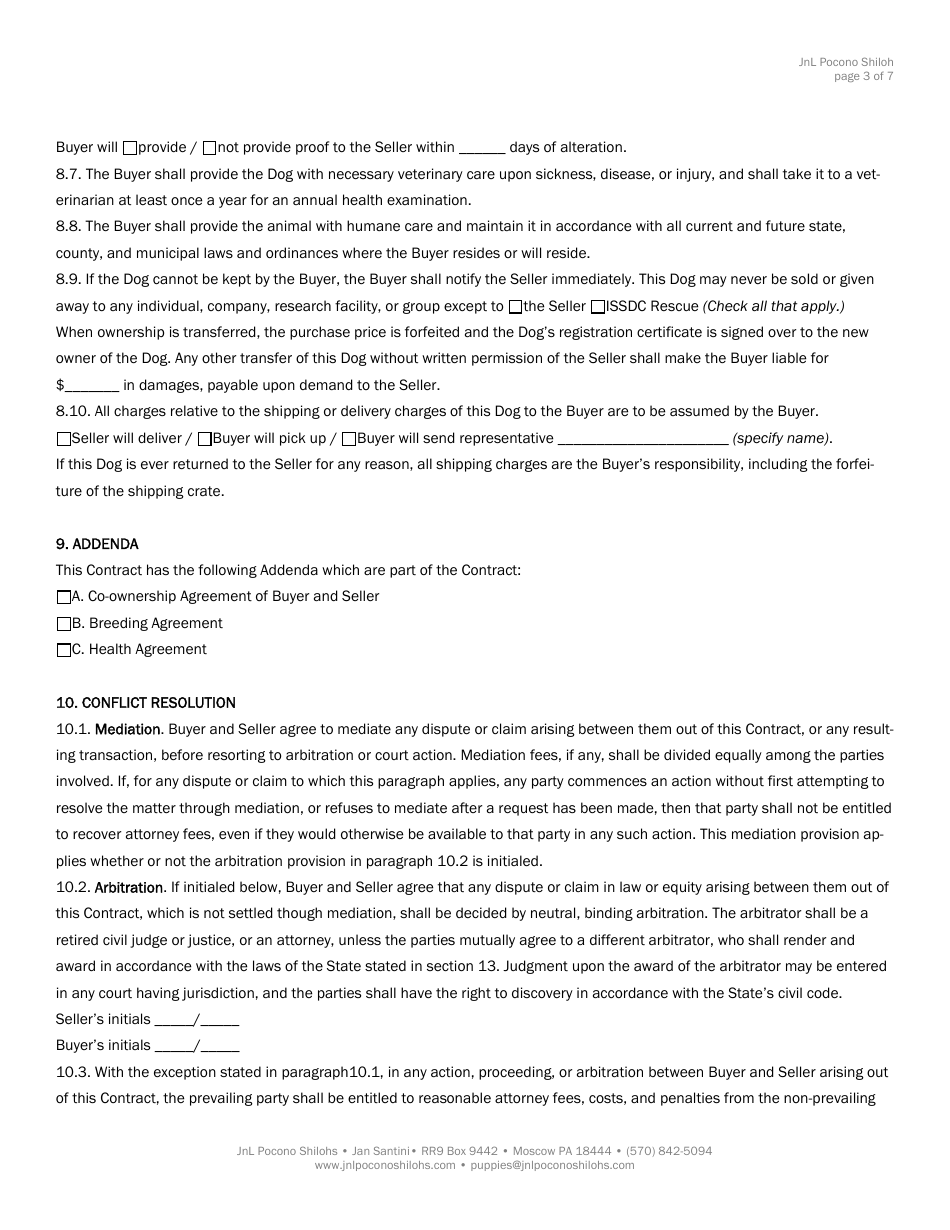 Puppy Buy Sell Contract Template - Jnl Pocono Shilohs, Page 3