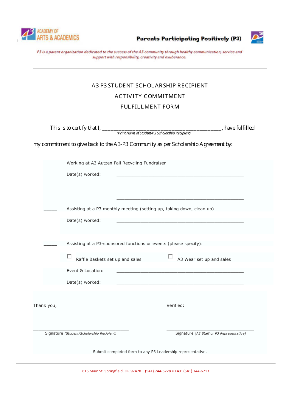Student Scholarship Recipient Activity Commitment Fulfillment Form - Academy of Arts and Academics, Page 1