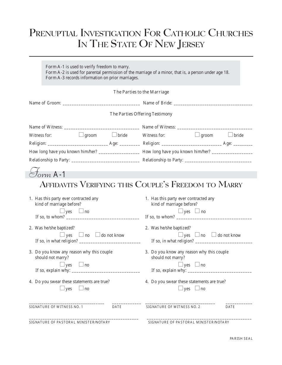 Prenuptial Investigation Form for Catholic Churches - New Jersey, Page 1
