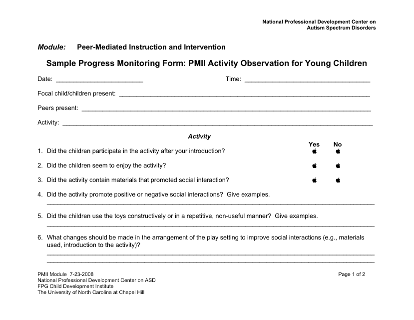 &quot;Sample Progress Monitoring Form - Pmii Activity Observation for Young Children - National Professional Development Center on Asd&quot; Download Pdf