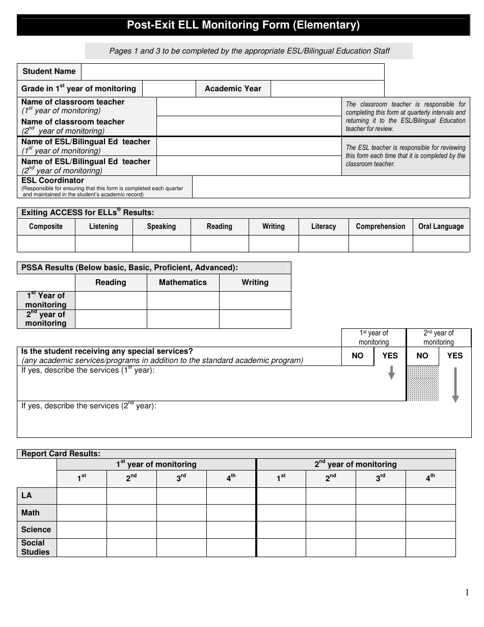 Post-exit Ell Monitoring Form - Elementary - North Penn School District, Page 1