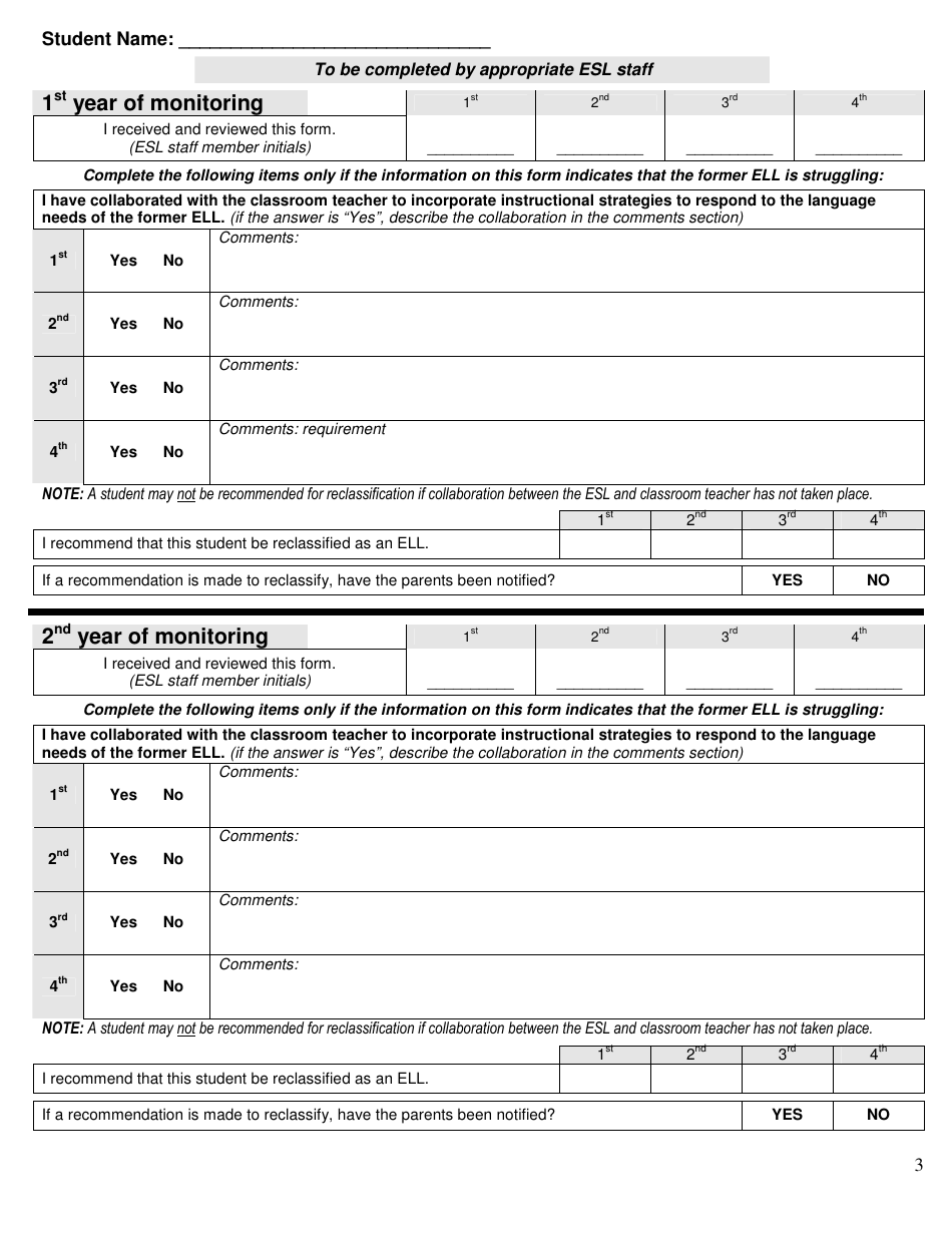 Post-exit Ell Monitoring Form - Elementary - North Penn School District, Page 3