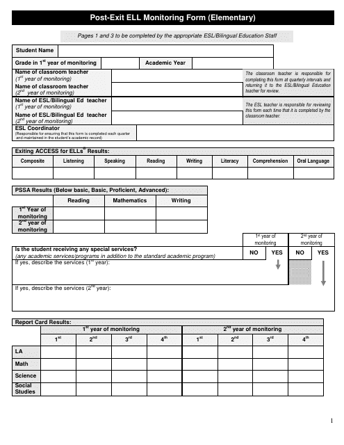 Post-exit Ell Monitoring Form - Elementary - North Penn School District Download Pdf